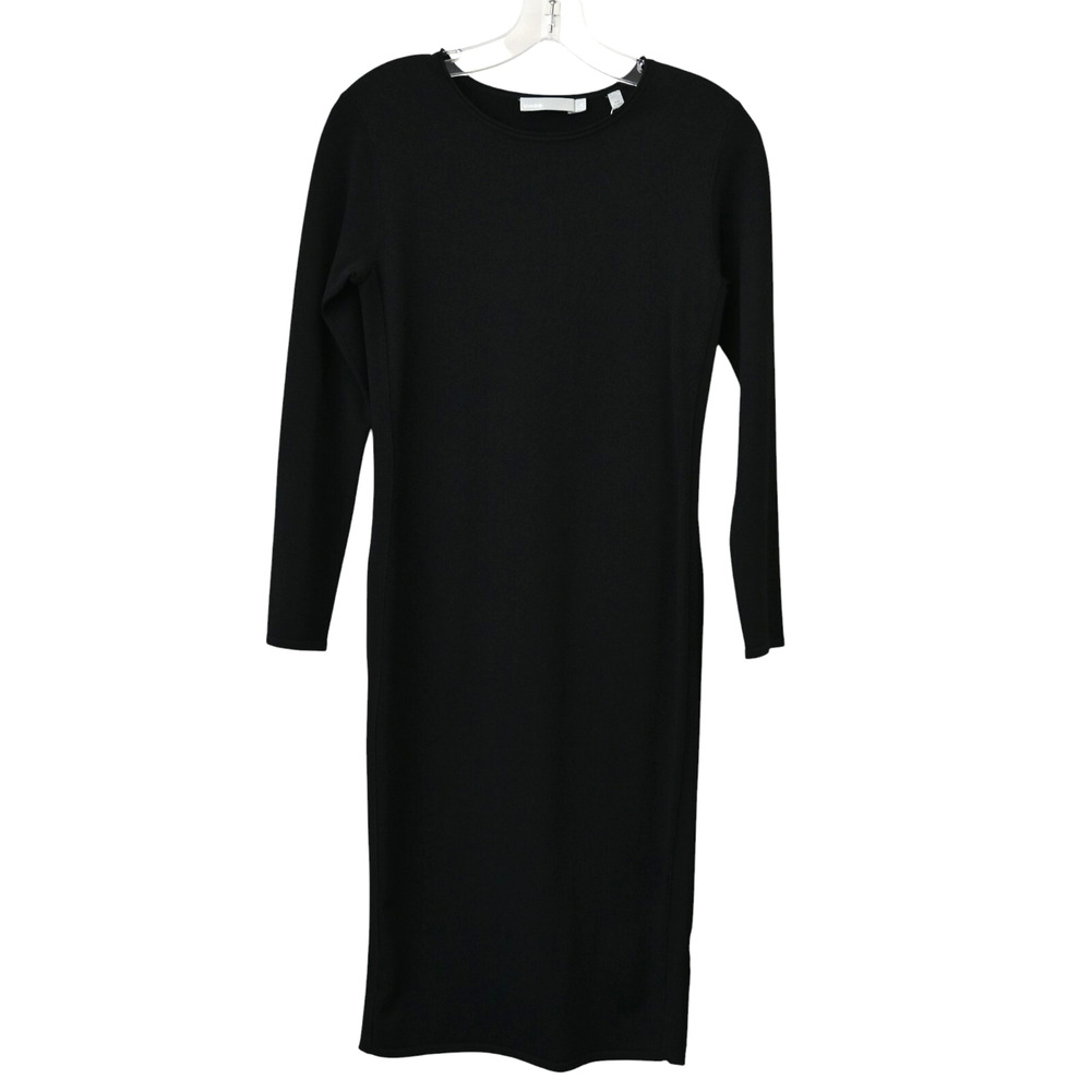 Vince Black Knit Dress Round Neck XS Ribbed Knit Long Sleeve Knee Length